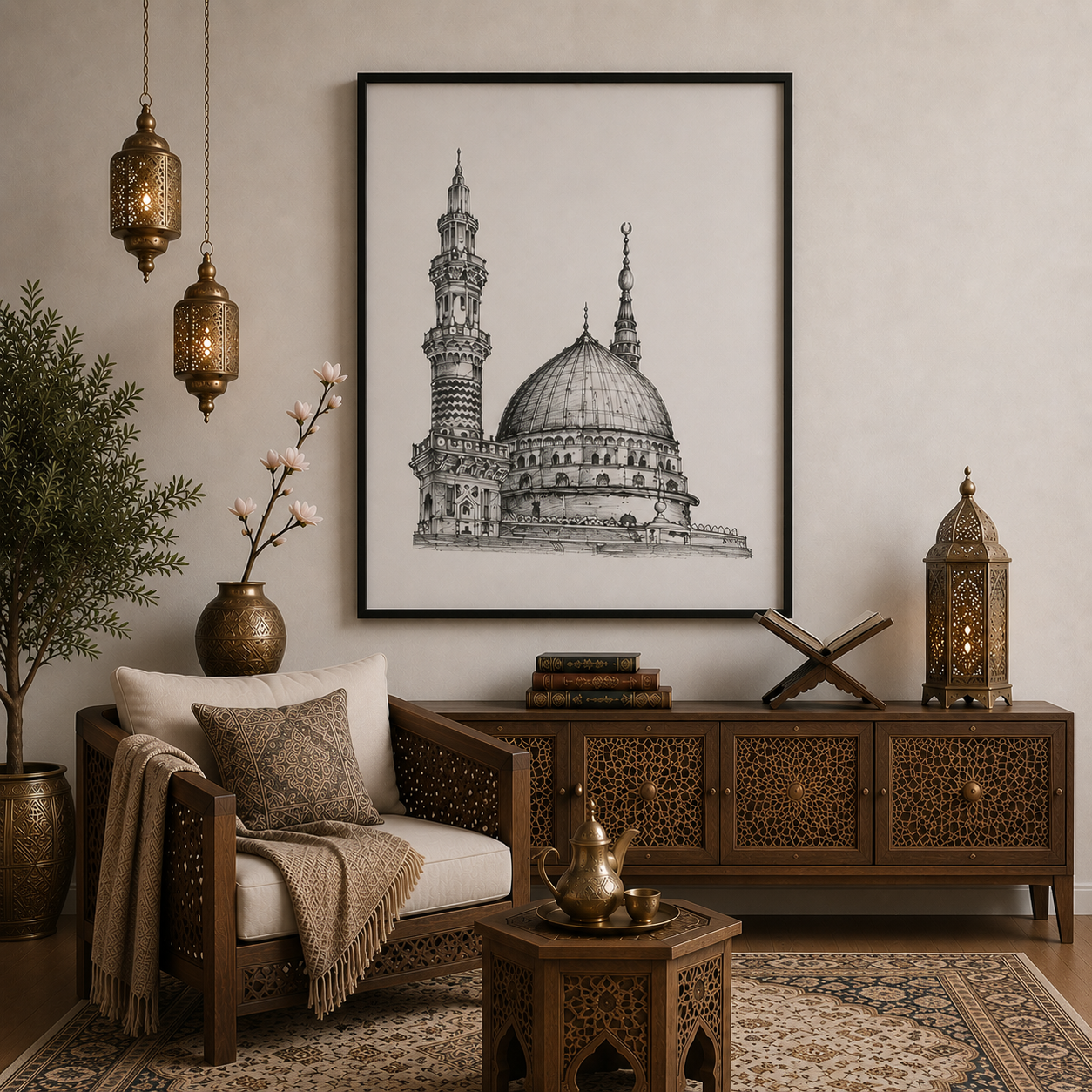 Masjid an-Nabawi Wall Art Print | Hand-Drawn Islamic Architecture Artwork | Madinah Mosque Decor