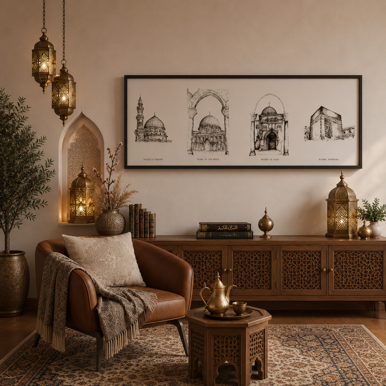 Four Mosque Drawing | Hand-Drawn Islamic Wall Art Print