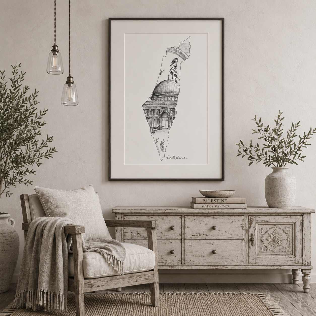 Palestine Wall Art Print | Hand-Drawn Islamic Artwork | Palestinian Home Décor